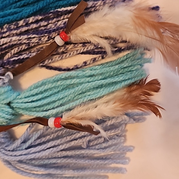 Hand Crafted Dreamcatcher Hand Knit Crochet Brown and Blue Yarn & feathers - Picture 14 of 16